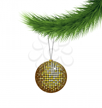 Golden Christmas ball on pine branch isolated on white background