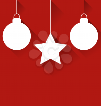 Two Christmas balls and star with effect of long shadows on red background