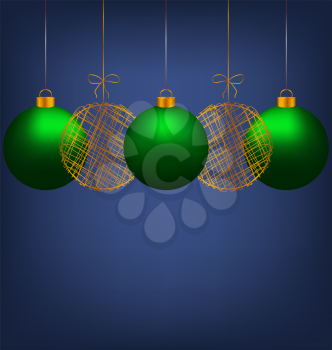 Tree green and two golden netting Christmas balls on blue background