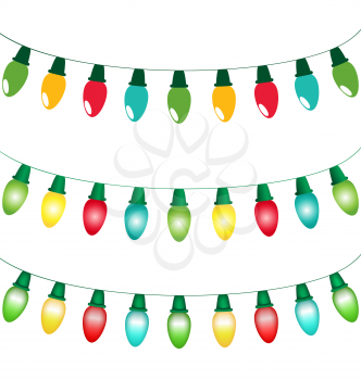 Multicolored led Christmas lights garlands in flat, gradient and mesh styles isolated on white background
