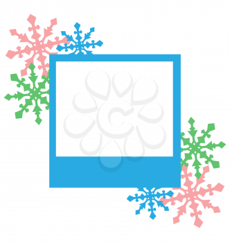 Blue photo frame with snowflakes isolated on white background