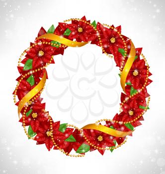 Shiny Christmas wreath with flowers of poinsettia, golden chains and ribbon in snowfall on grayscale background