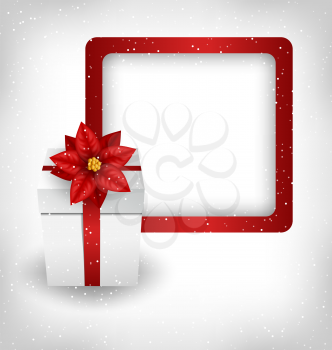 Christmas gift box with flower of poinsettia and red frame in snowfall on grayscale background