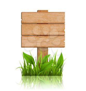 Wooden Signpost with Grass and Reflection on White Background