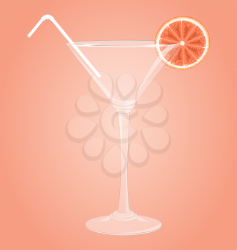Empty glass for martini with grapefruit and plastic tube on pink background