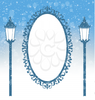 Two winter lampposts and frame with ornament in snowfall on light blue background