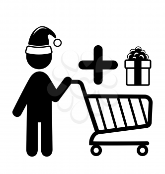 Christmas Shopping Man with Cart and Gift Flat Black Pictogram Icon Isolated on White Background