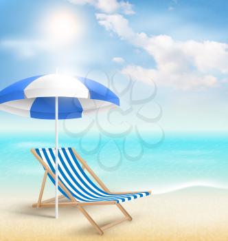 Beach with sun beach umbrella beach chair and clouds. Summer vacation background