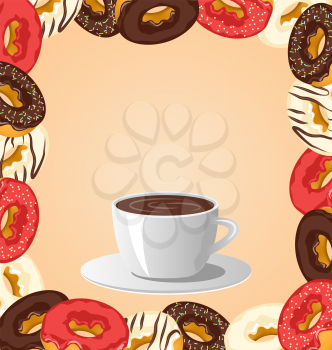 Donuts with cup of coffee on beige background