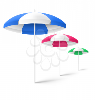 Multicolored sun beach umbrellas isolated on white background