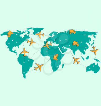 World map with air planes and trucks isolated on blue background
