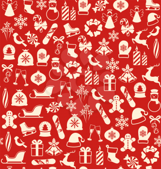Seamless Winter Pattern with Christmas Icons Isolated on Red Background