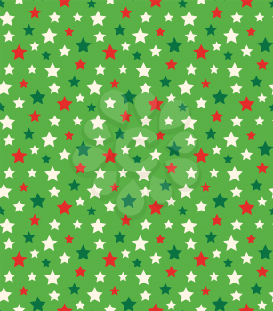 Seamless Bright Abstract Pattern with Stars in Christmas Colors Isolated on Green Background