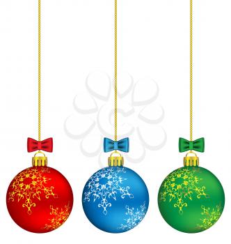 Three christmas balls with bows hang on the chain