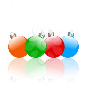 Four multicolored christmas balls with reflection isolated on white background