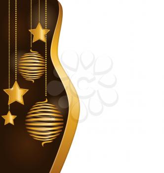 Christmas background with golden spiral balls and stars hanging on chains
