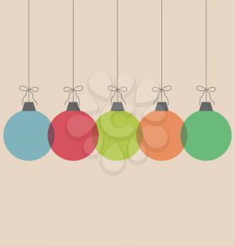 Five multicolored simple Christmas balls with bows isolated on beige background 