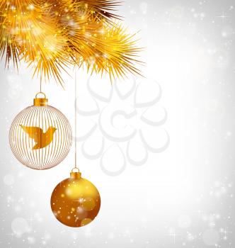 Two golden balls with bird and golden pine branches in snowfall on grayscale background