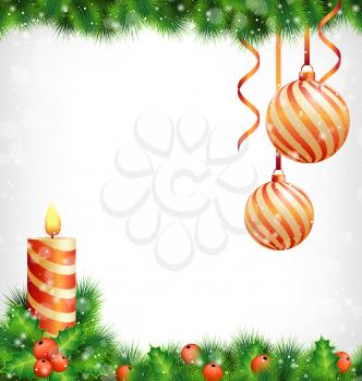 Burning Christmas candle with holly sprigs, pine branches and two spiral Christmas balls with ribbons hanging on pine in snowfall on grayscale background