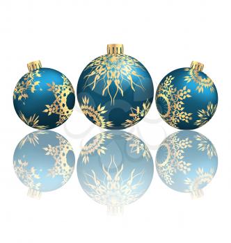 Three blue Christmas balls with ornament and reflection on grayscale background