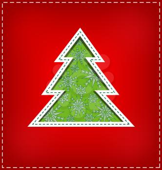 Green Christmas tree cutout on red background