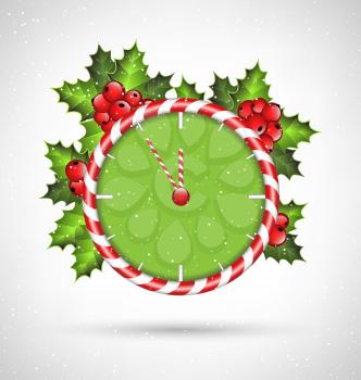 Candy cane clock with holly sprigs in snowfall on grayscale background