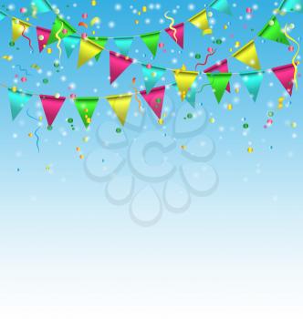 Multicolored bright buntings garlands with confetti on sky background