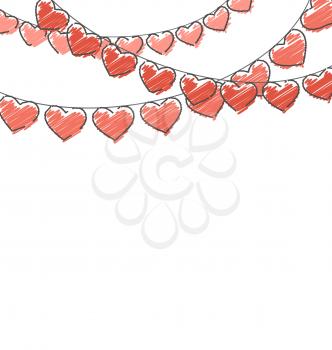 Red hand-drawn hearts buntings garlands on white background