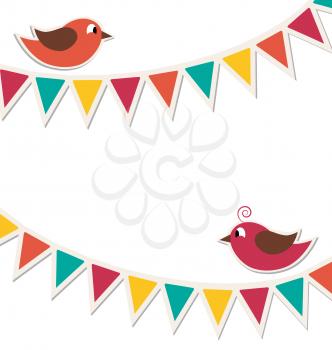 Two cute birds with flat buntings garlands isolated on white background