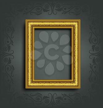 Golden frame with ornament and shadow on grey background with ornament