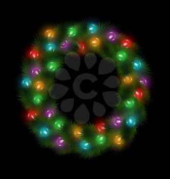 Christmas wreath with multicolored glassy led Christmas lights garland like frame in snowfall isolated on black background