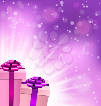 Two gift boxes in lilac color with light on violet background
