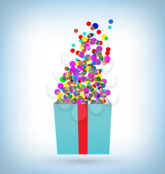 Multicolored confetti with open gift box on blue background