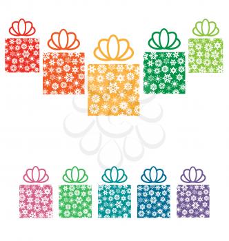 Multicolored gift boxes with snowflakes isolated on white background
