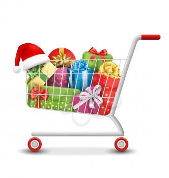 Christmas Sale Colorful Shopping Cart with Gift Boxes and Bags Isolated on White Background