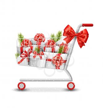Christmas Winter Sale Shopping Cart with White Gift Boxes and Pine Branches Isolated on White Background