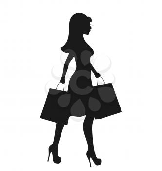 Black Icon Shopping Woman Silhouette with Bags Isolated on White Background
