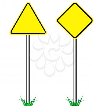 Yellow warning information road signs with grass isolated on white background