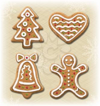 Set of Gingerbread Christmas Cookies on Beige Background