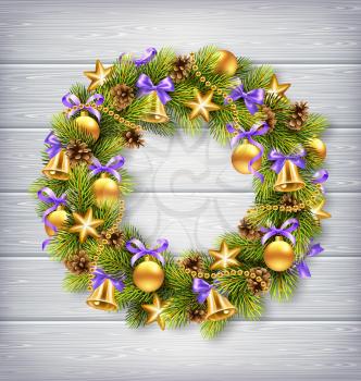 Christmas Wreath with Pine Branches, Christmas Balls, Jingle Bells, Cones and Stars on Wooden Background