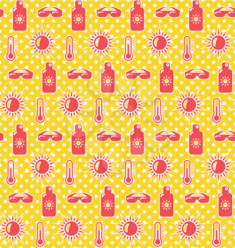 Bright fun summer seamless pattern with sunscreen cream sun and glasses on yellow background