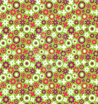 Bright Fun Abstract Seamless Pattern with Flowers Isolated on Green Background