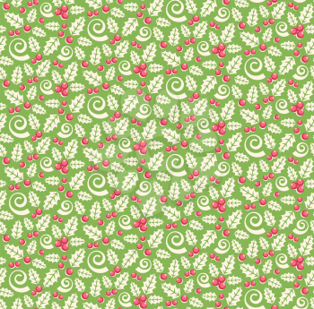 Seamless Christmas Winter Pattern with Holly Ornament Isolated on Green Background