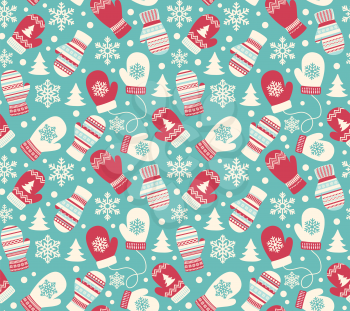 Seamless Winter Holidays Pattern with Mittens Gloves and Snowflakes Isolated on Blue Background