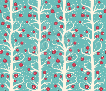 Abstract Seamless Christmas Winter Pattern with Berries on Trees in Snowfall Isolated on Blue Background