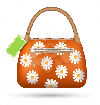 Orange woman spring bag with chamomiles flowers and spring sale label isolated on white background