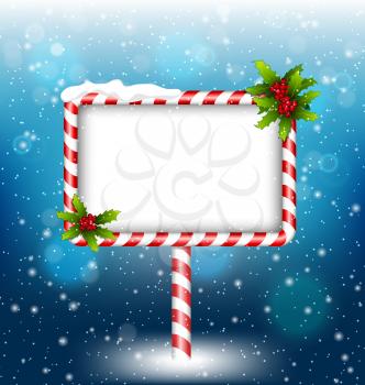 candy cane billboard with holly sprigs in snowfall on blue background