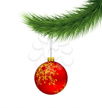 Red Christmas ball on pine branch isolated on white background