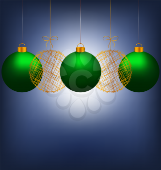 Tree green and two golden netting Christmas balls with light on blue background