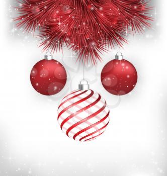 Two red and one spiral Christmas balls on red pine branches in snowfall on grayscale background